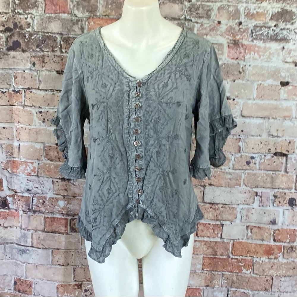 Advanced Apparrels Blouse Button Down V-Neck Distressed Gray Sz XXL
